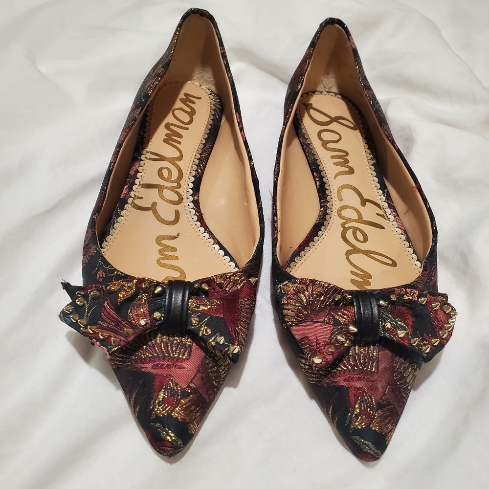 Sam Edelman Raisa Studded Black Bird Jacquard Pointed Flats - Picture 2 of 11